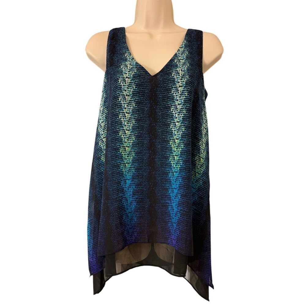 Worthington Women's Blue Green Black Sleeveless Layered Shark-bite Blouse Small